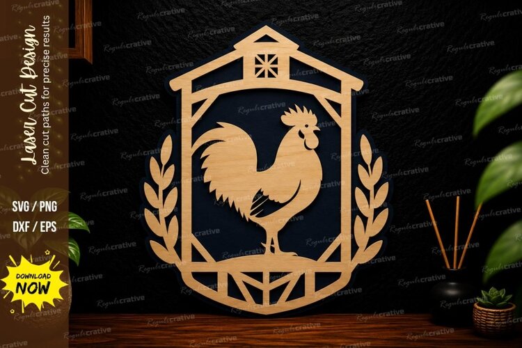 Farm Rooster Badge Laser Cut SVG Design rooster svg, farm example image 1