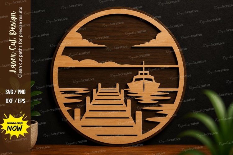 Lake Dock Sunset Laser Cut SVG Design lake dock svg, sunset