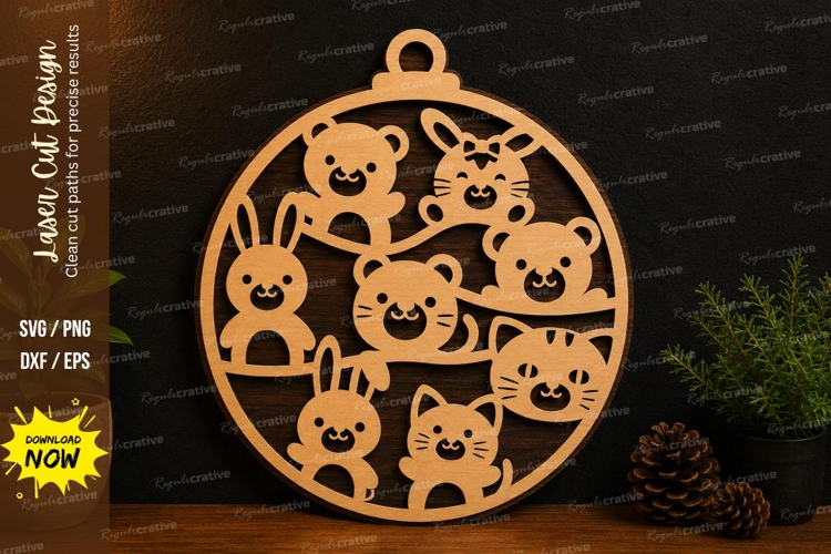 Cute Animal Faces Ornament Laser Cut SVG Design cute animal