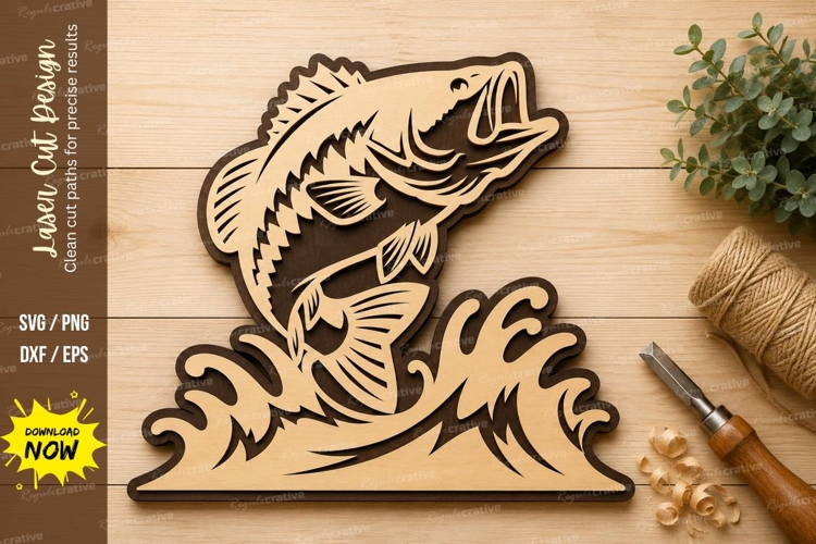 Jumping Bass Fish Laser Cut SVG Design bass fish svg
