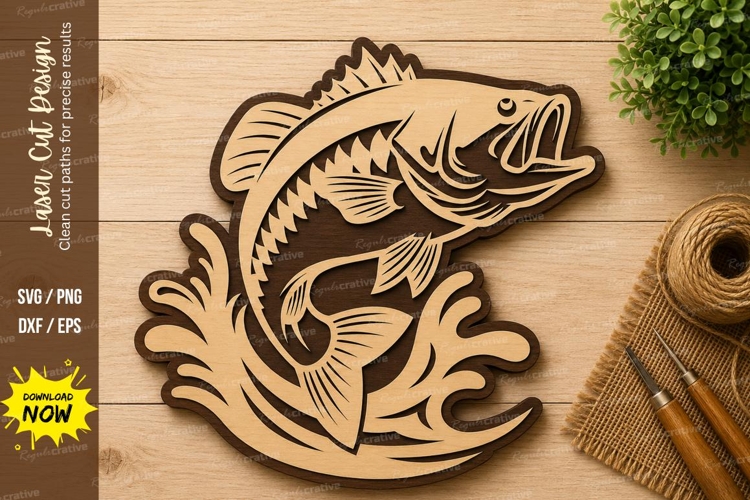 Jumping Bass Fish Laser Cut SVG Design bass fish svg