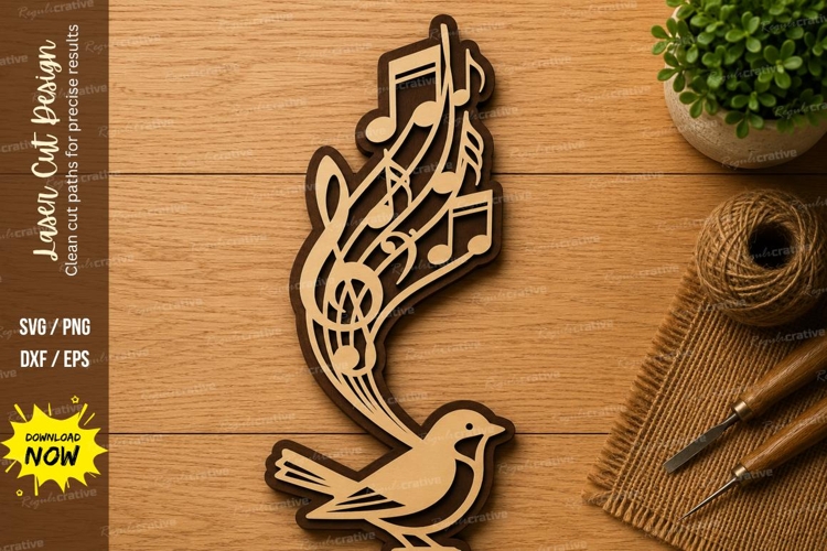 Music Bird Laser Cut SVG | Musical Notes Bird Wall Art