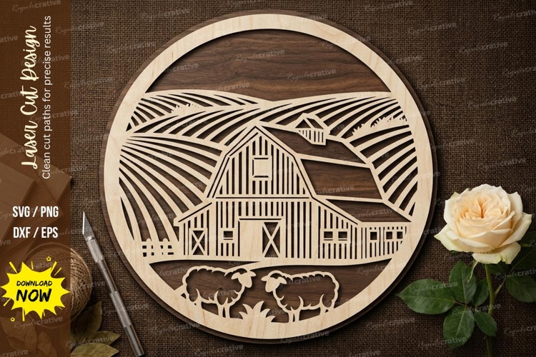 Farmhouse Barn Landscape Round Frame Laser Cut SVG