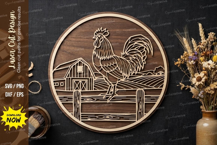 Rooster Farm Scene Round Mandala Laser Cut Wooden SVG