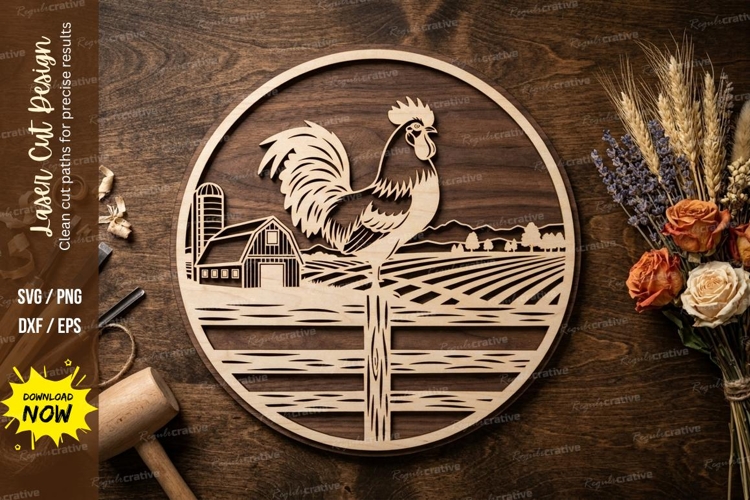 Rooster on Fence Farm Scene Round Laser Cut SVG
