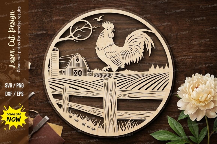 Farm Rooster Landscape Round Frame Laser Cut SVG