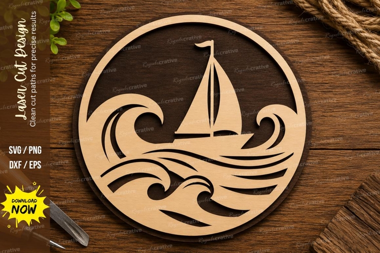 Sailboat Ocean Waves Circle Laser Cut SVG File sailboat svg,