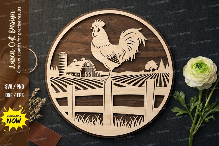 Rooster Farm Fence Scene Round Laser Cut SVG