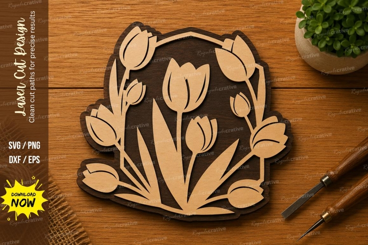 Tulip Floral Frame SVG | Spring Flower Laser Cut File | Glow