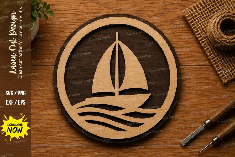 Sailboat Circle SVG | Nautical Ocean Laser Cut File | Glowfo