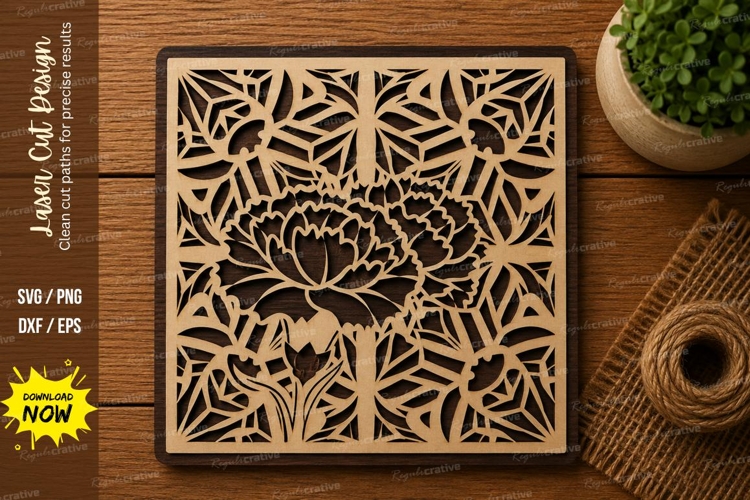 Floral Mandala Square SVG | Decorative Laser Cut File | Glow