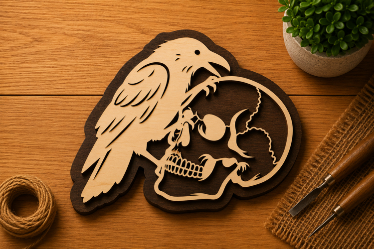 Crow Perched Skull Ornament Laser Cut SVG File crow svg, per