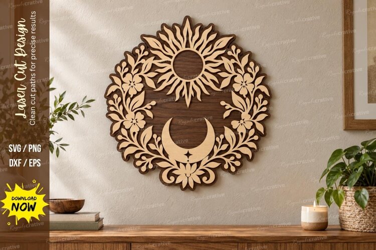 Sun Moon Wreath Laser Cut SVG File, sun moon wreath svg example image 1