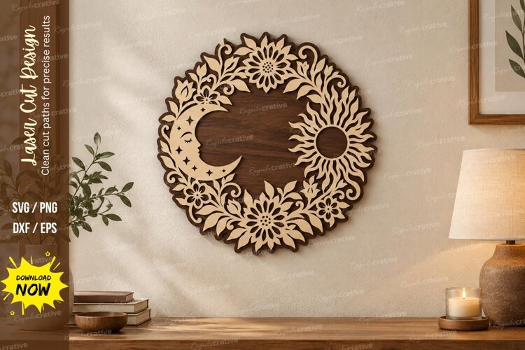 Sun Moon Floral Laser Cut SVG File, sun moon svg, celestial example image 1