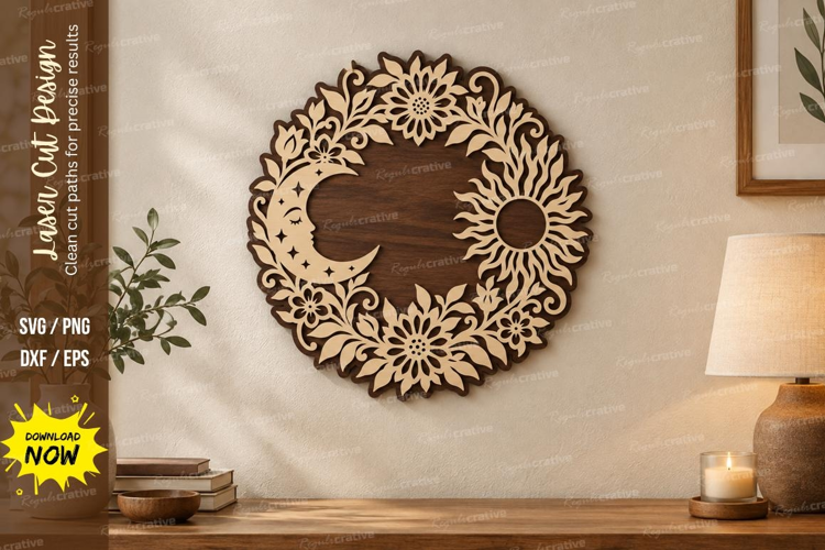 Sun Moon Floral Laser Cut SVG File, sun moon svg, celestial