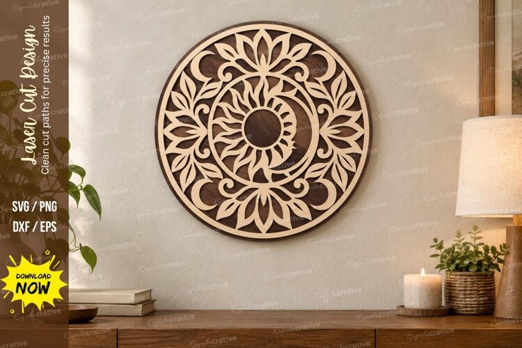 Floral Sun Mandala Laser Cut SVG File, floral sun mandala, example image 1