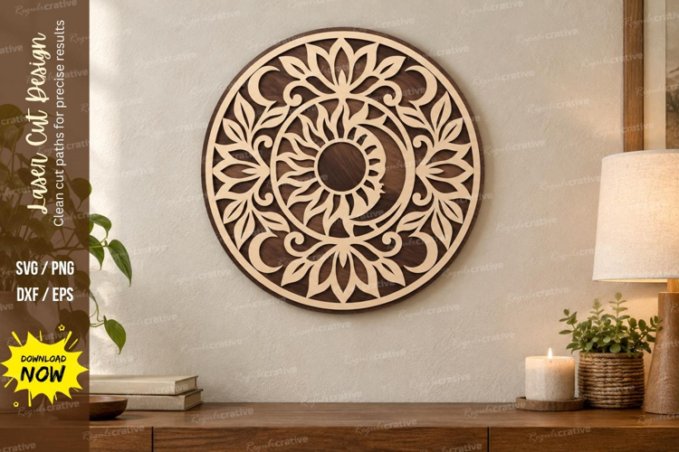 Floral Sun Mandala Laser Cut SVG File, floral sun mandala,