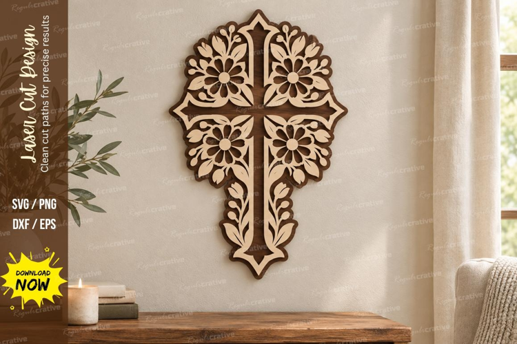 Ornate Floral Cross Laser Cut SVG File, ornate floral cross
