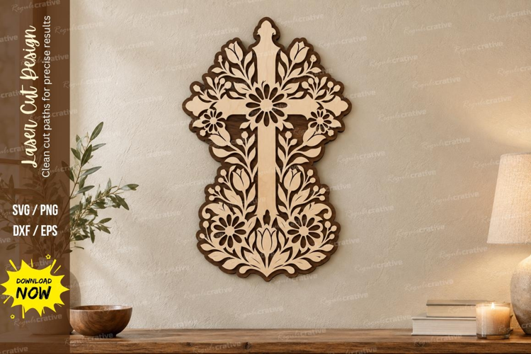 Daisy Cross Laser Cut SVG File, daisy cross svg, floral cros
