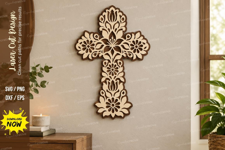 Floral Cross Decor Laser Cut SVG File, floral cross decor