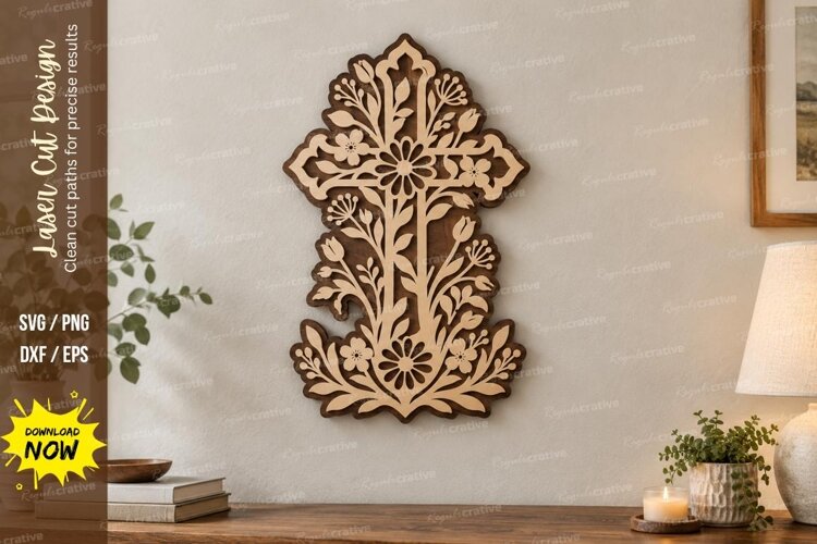 Floral Cross Crest Laser Cut SVG File, floral cross crest, example image 1