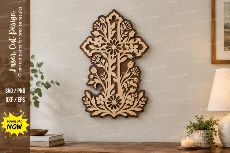 Floral Cross Crest Laser Cut SVG File, floral cross crest,