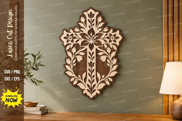 Floral Cross Shield Laser Cut SVG File, floral cross shield example image 1