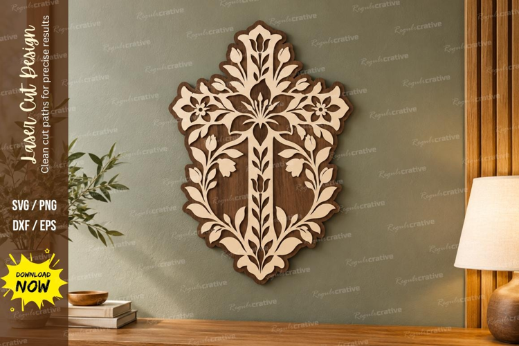 Floral Cross Shield Laser Cut SVG File, floral cross shield