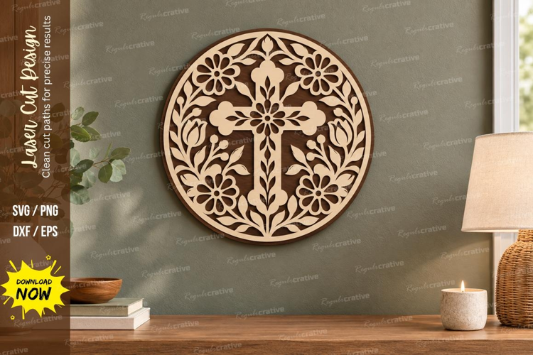 Circular Floral Cross Laser Cut SVG File, circular floral