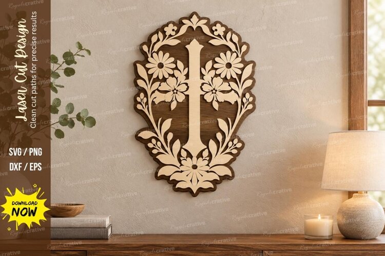 Oval Floral Cross Laser Cut SVG File, oval floral cross example image 1