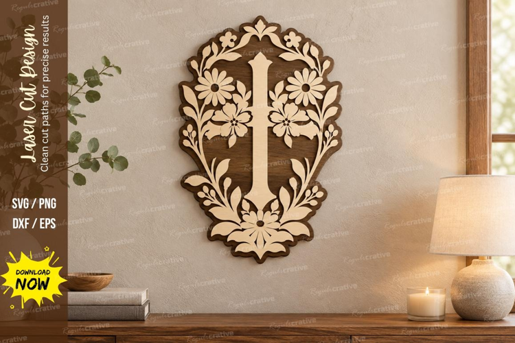 Oval Floral Cross Laser Cut SVG File, oval floral cross