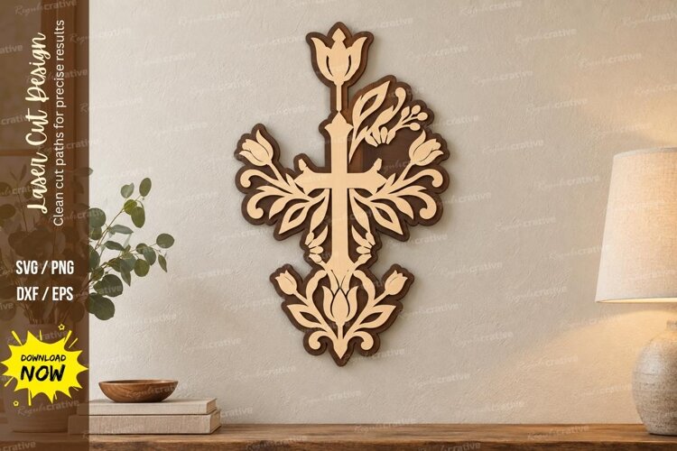 Botanical Cross Laser Cut SVG File, botanical cross svg example image 1