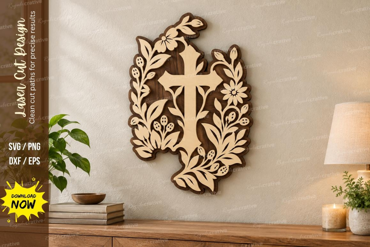 Laurel Cross Laser Cut SVG File, laurel cross svg, christian