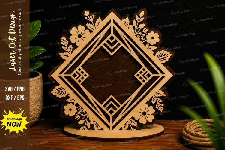 Geometric Floral Diamond Frame Decorative Laser Cut SVG File
