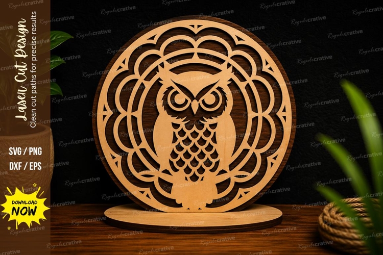 Decorative Owl Mandala Round Stand Laser Cut SVG File owl