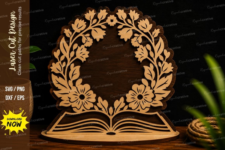 Floral Wreath Book Theme Decorative Laser Cut SVG File flora