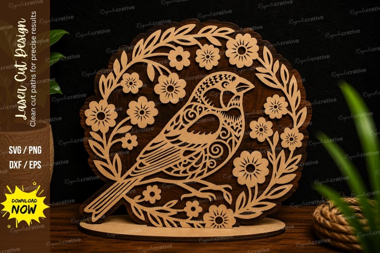 Bird Floral Garden Round Decor Laser Cut SVG File bird flora