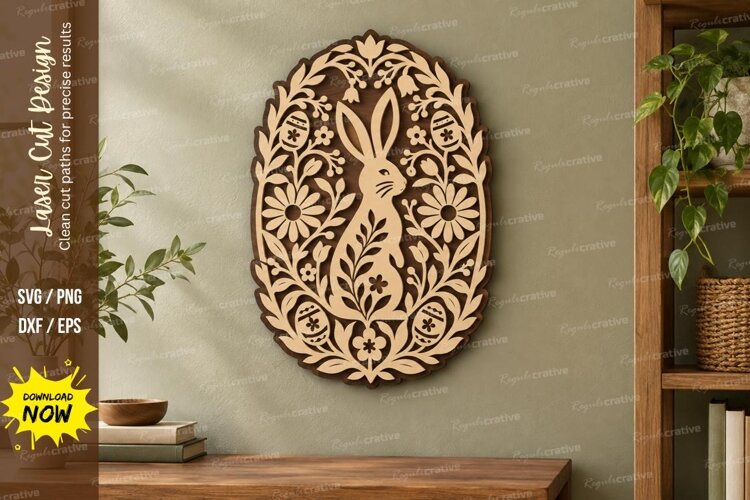 Floral Bunny Laser Cut SVG File, oval bunny svg, floral png example image 1