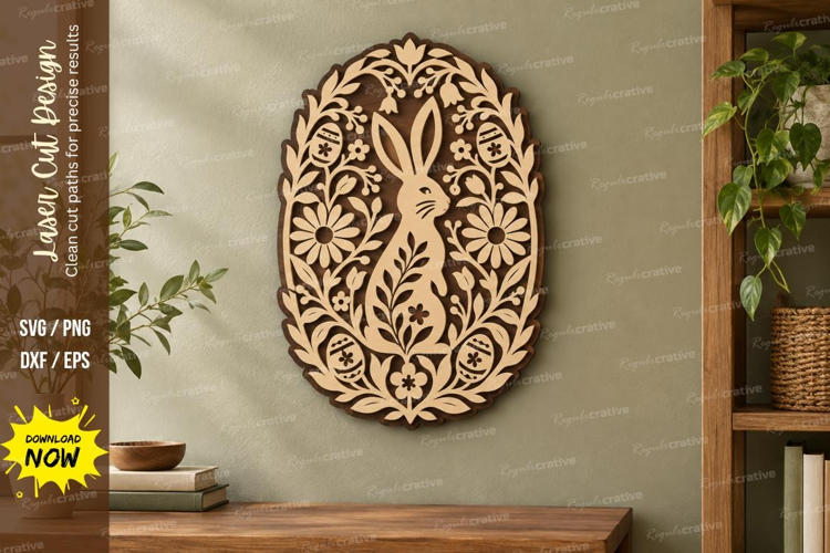 Floral Bunny Laser Cut SVG File, oval bunny svg, floral png