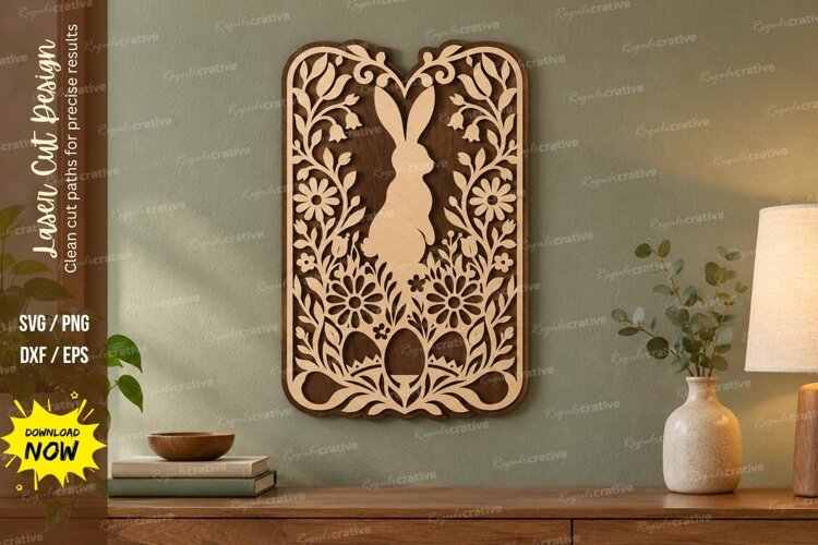 Floral Bunny Panel Laser Cut SVG File, bunny panel svg example image 1