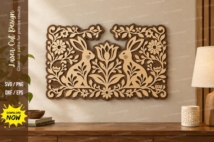 Floral Rabbit Laser Cut SVG File, rabbit garden svg, rectan