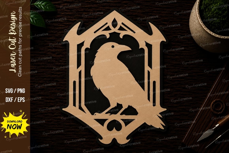 Raven In Ornamental Gothic Frame Laser Cut SVG File raven