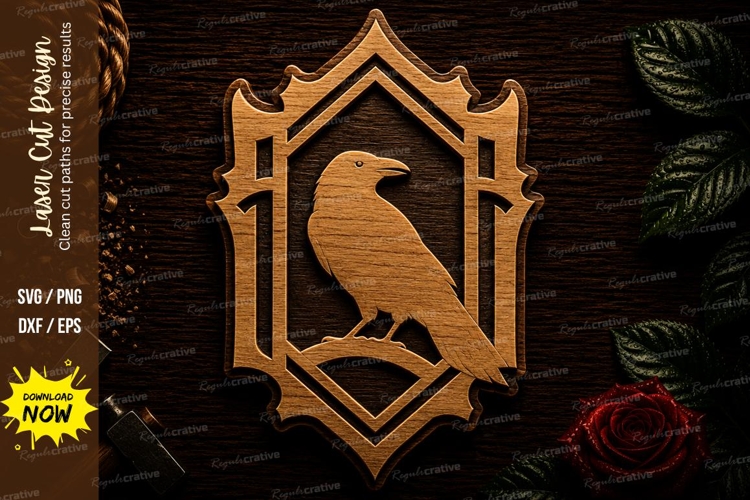 Elegant Raven Crest Frame Laser Cut SVG File elegant raven