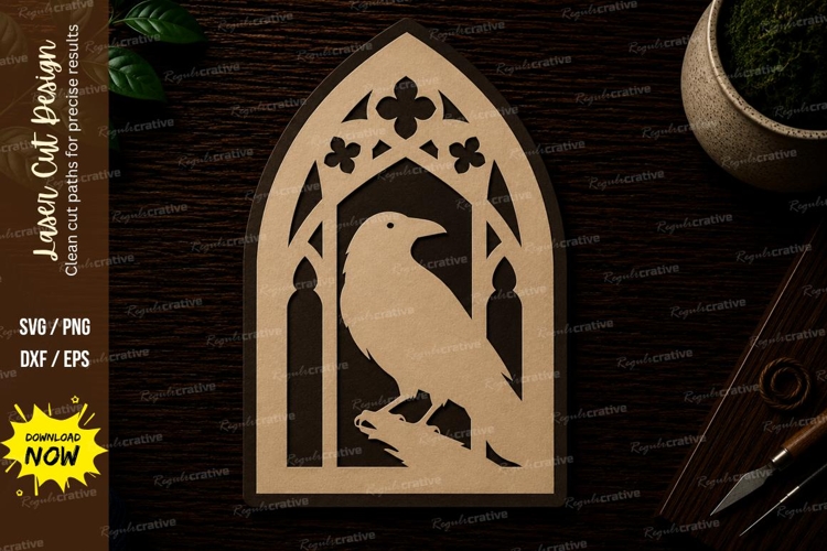 Raven Cathedral Window Frame Laser Cut SVG File raven