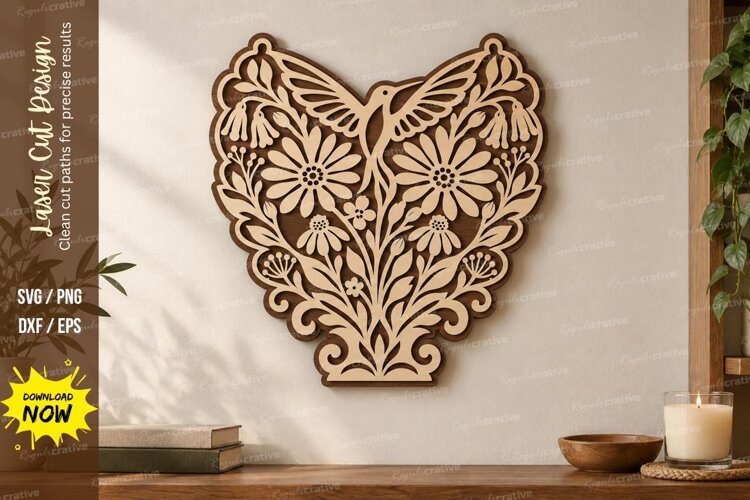 Heart Hummingbird Laser Cut SVG File, heart hummingbird svg example image 1