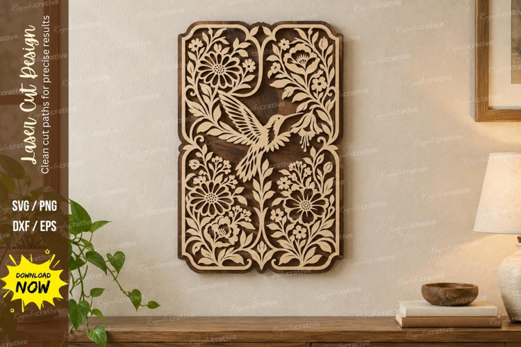 Floral Bird Panel Laser Cut SVG File, floral bird panel
