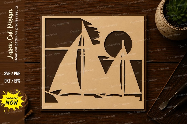 Sailboat Ocean Scene Square Laser Cut SVG File sailboat scen