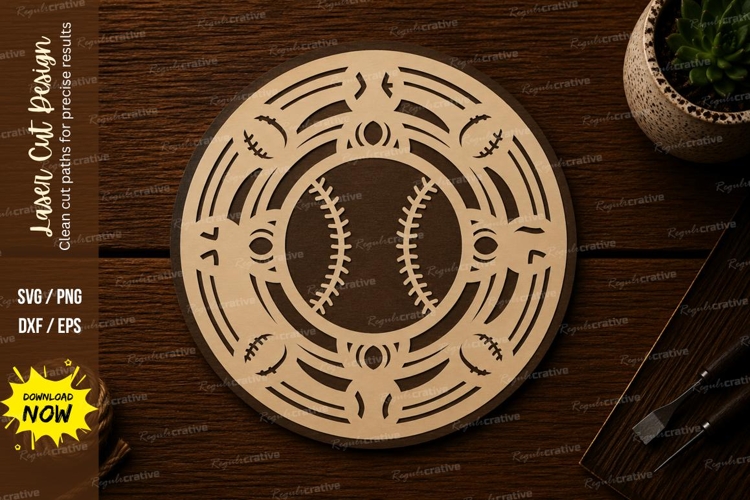 Baseball Mandala Round Frame Laser Cut SVG File baseball man