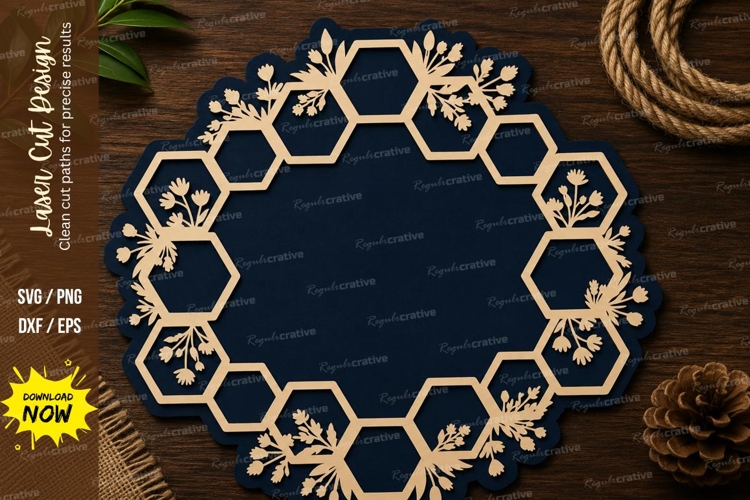 Honeycomb Floral Round Frame Laser Cut SVG File honeycomb