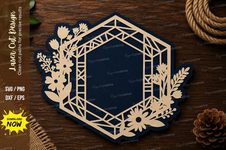 Geometric Floral Hexagon Frame Laser Cut SVG File hexagon